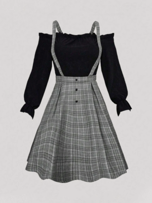 Sitara Calvaya Bell Sleeve Plaid Two-In-One Dress