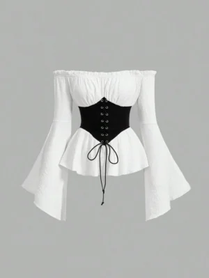 Sitara Hollow Out Flared Sleeve Contrast Tie Waist Vintage Blouse,Long Sleeve Tops