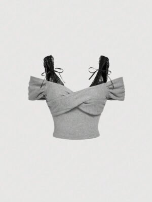 Sitara Summer Grey Open Shoulder Lace Patchwork Retro Cute T-Shirt Back To School Clothes Concert Women Outfit Going Out Tops