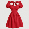 Sitara Solid Color Back Tie Bowknot Short Puff Sleeve Elegant Women's Dress