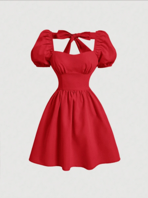 1717468017ee4caf649bedebd7e2b87f61806fc62f_thumbnail_900x Sitara Solid Color Back Tie Bowknot Short Puff Sleeve Elegant Women's Dress