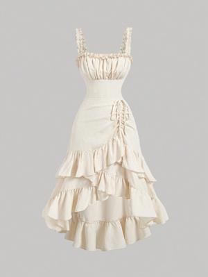 Sitara Apricot Romantic Vintage Ruffle Hem Women's Dress