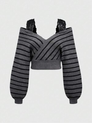 Sitara French Striped Sexy Lace Strap Deep V-Neck Slip-On Sweater