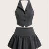 Sitara EZwear New Summer Siren Office Gray Suit Halter Top Flower Skirt Two-Piece Outfits