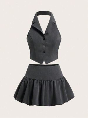 17428850630bb3b594cd1903949d858efc6e5daa38_thumbnail_900x Sitara EZwear New Summer Siren Office Gray Suit Halter Top Flower Skirt Two-Piece Outfits